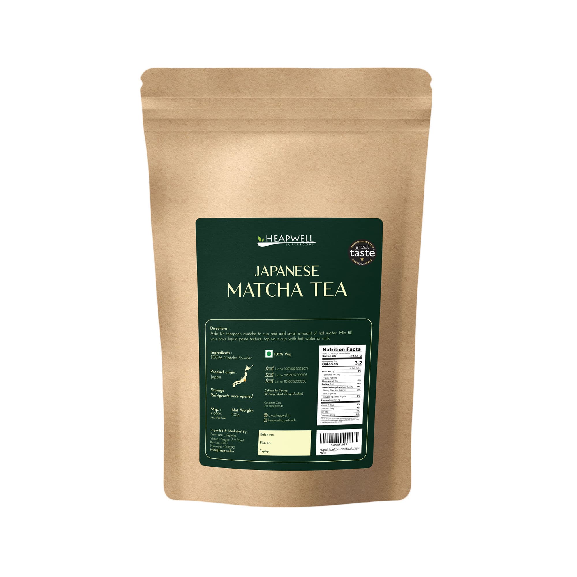 Heapwell Superfoods Japanese Matcha Green Tea Powder, 50g (50 Serving) |  Premium Grade | Sourced from Shizuoka, Japan