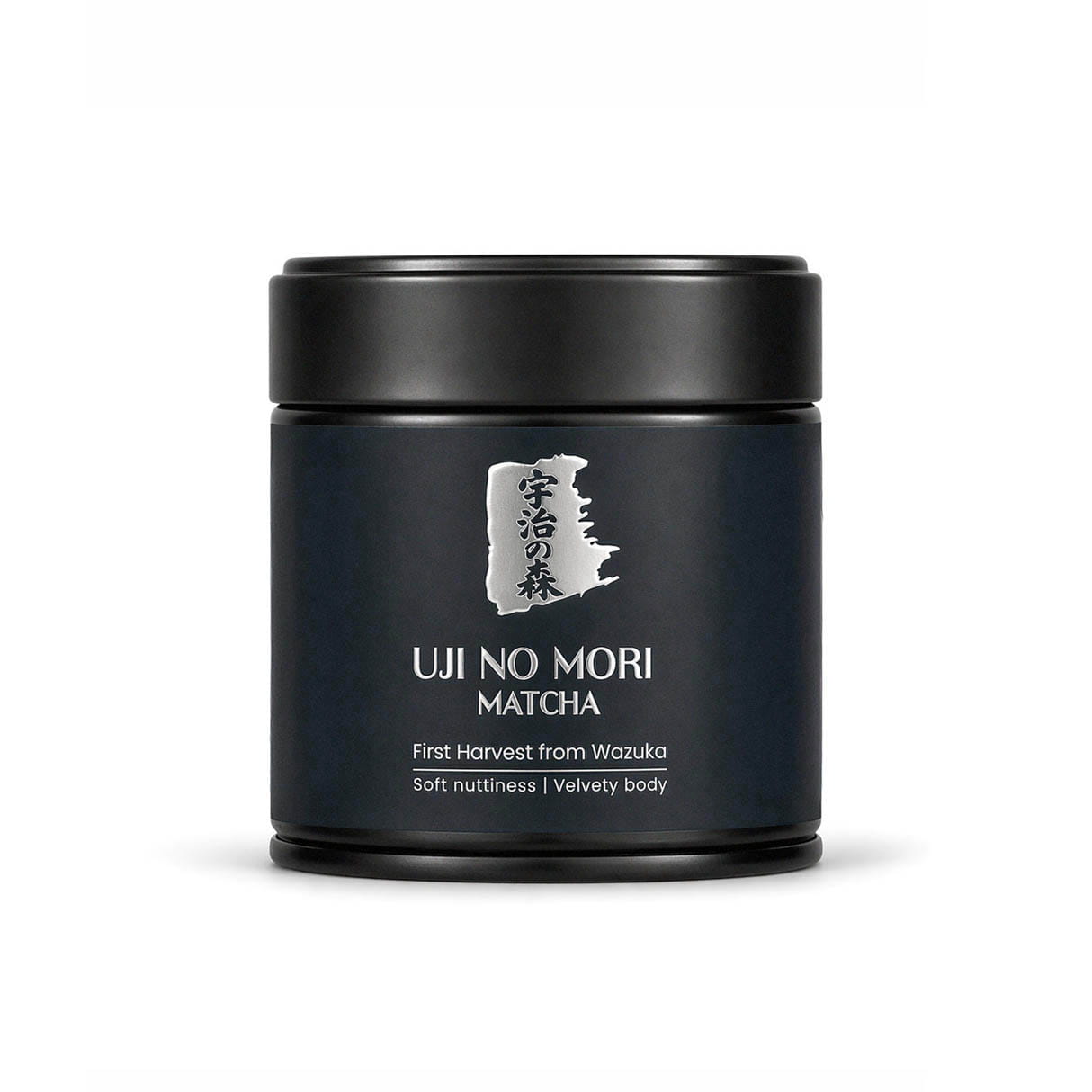 Black container of Uji No Mori Matcha on a white background