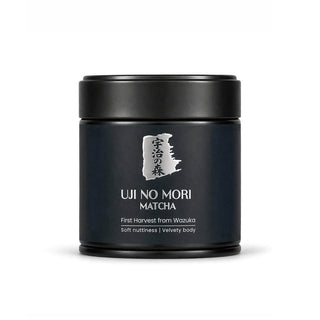 Black container of Uji No Mori Matcha on a white background