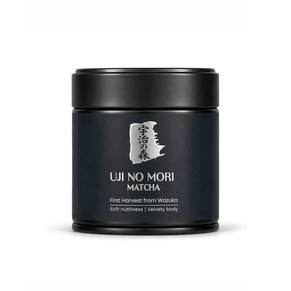 Black container of Uji No Mori Matcha on a white background
