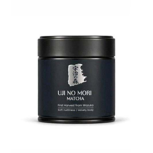 Black container of Uji No Mori Matcha on a white background