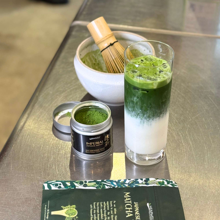Matcha latte on steel surface