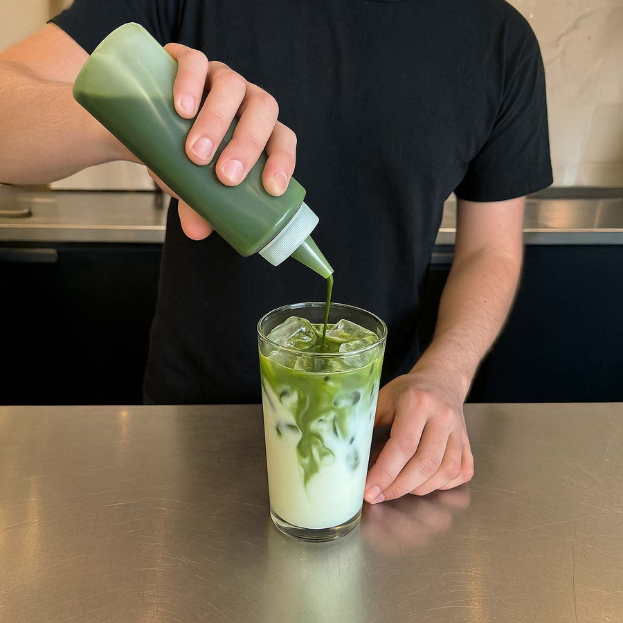 Person pouring green liquid from a bottle into a glass with ice on a metallic surface.